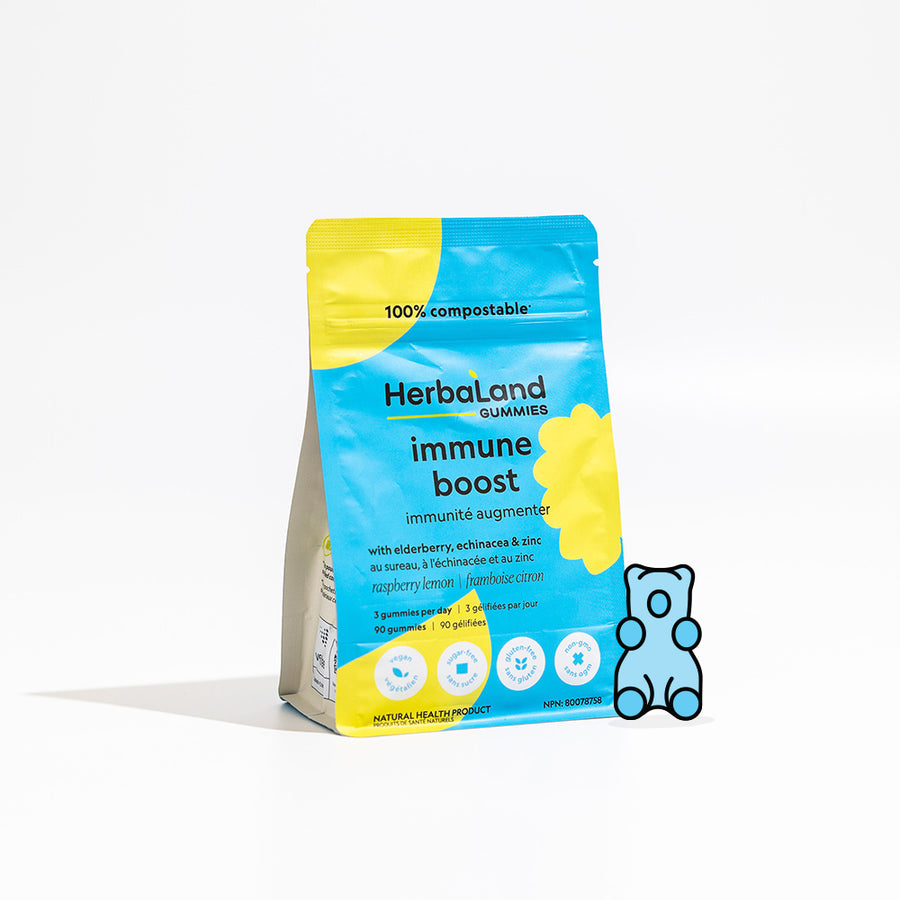 A pouch of immune boost herbaland gummies for adults with raspberry lemon flavor