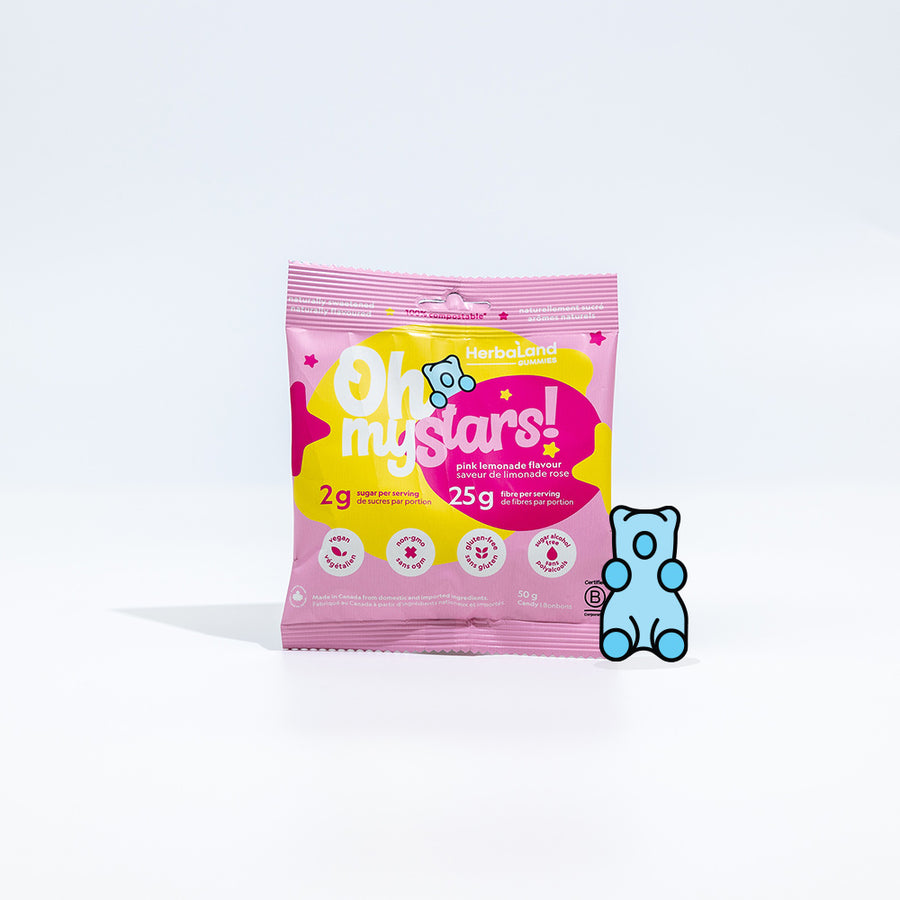 Herbaland Gummies - pouch of low sugar high fibre gummies in pink lemonade flavour 