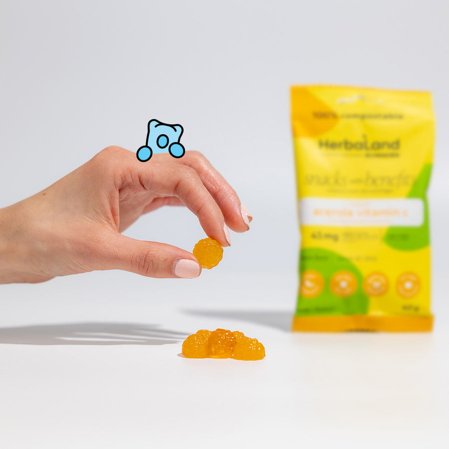 Herbaland Gummies - Person holding herbaland gummies, with the pouch of Acerola Vitamin C Snacks in the background