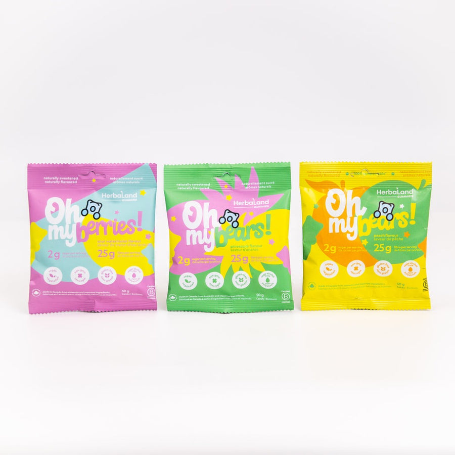 Herbaland Gummies - Herbaland's Oh My trial pack in 3 different flavors. low sugar, high fibre healthy snacks