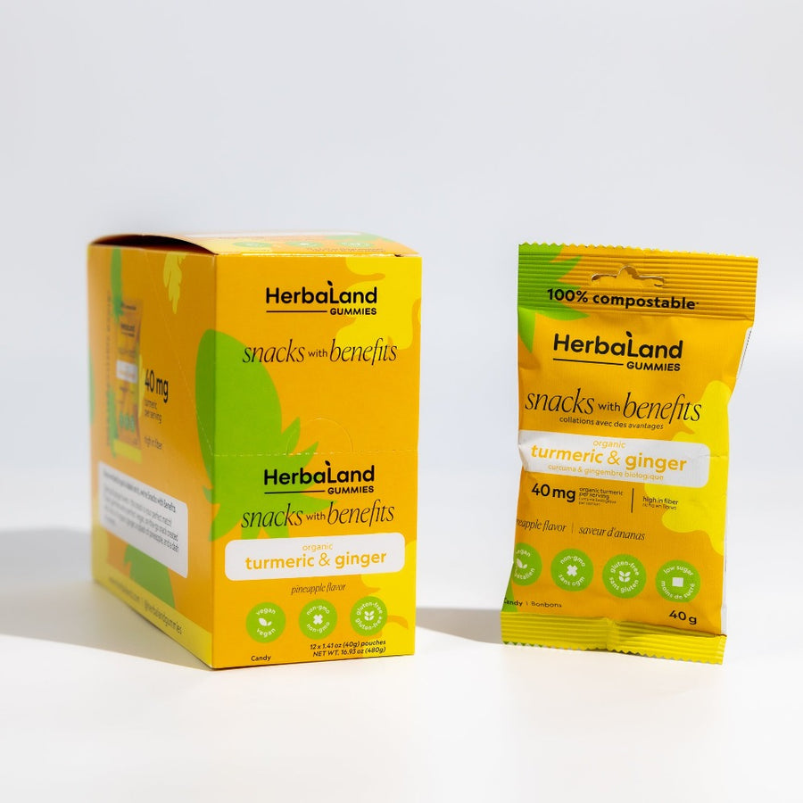 A case and a pouch of herbaland snacks with benefits gummies with organic turmeric and ginger with pineapple flavor 