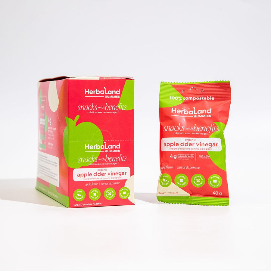 Herbaland Gummies - Case of herbaland gummies that includes 12 pouches of apple cider vinegar snacks with benefits gummies