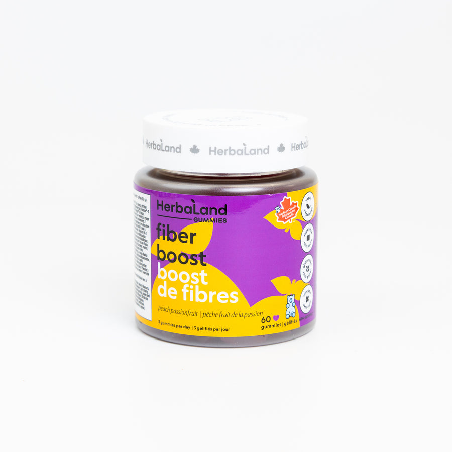 Herbaland gummies prebiotic fiber bottle to help you get your daily fiber for adults with peach passion fruit flavor