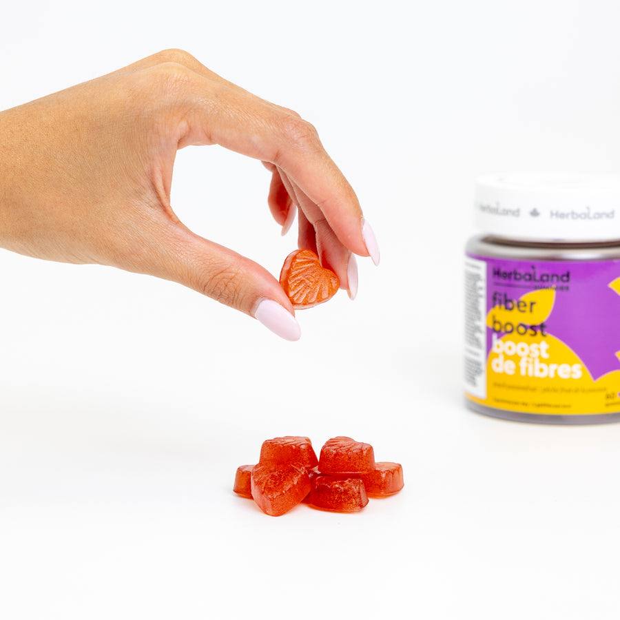Person holding herbaland gummies with prebiotic fiber for adults with peach passion fruit flavor at the back