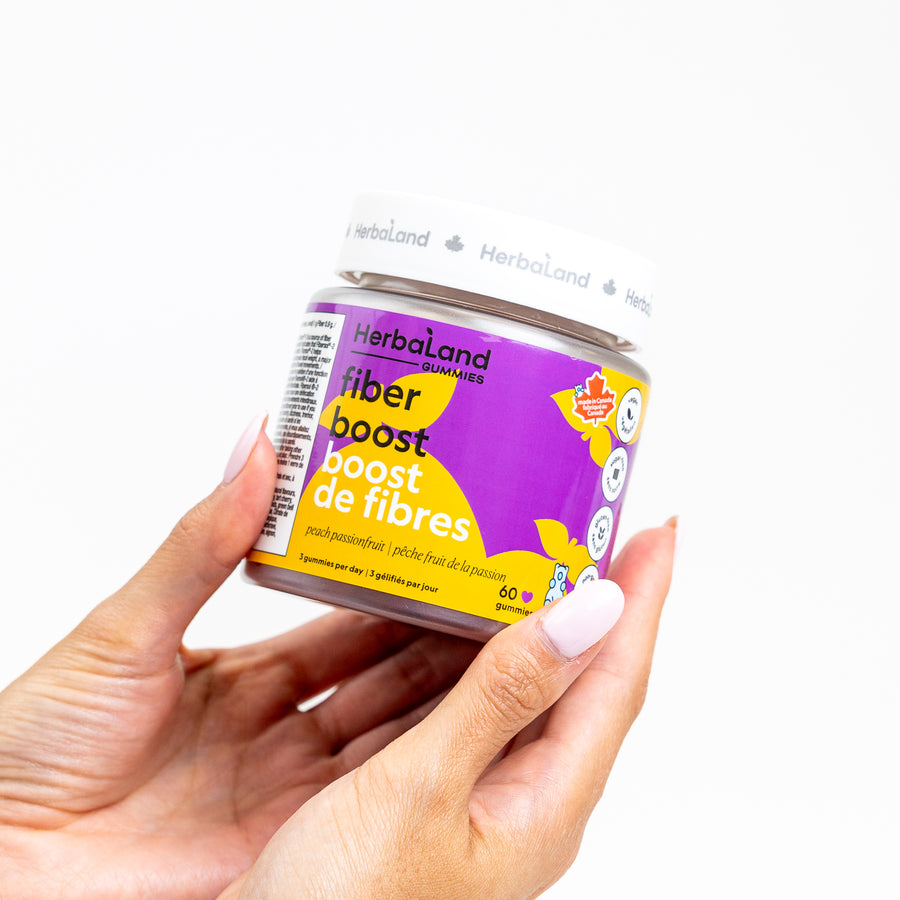 A picture of herbaland prebiotic fiber pouch for daily fiber for digestive helath with peach passion fruit flavor for adults 