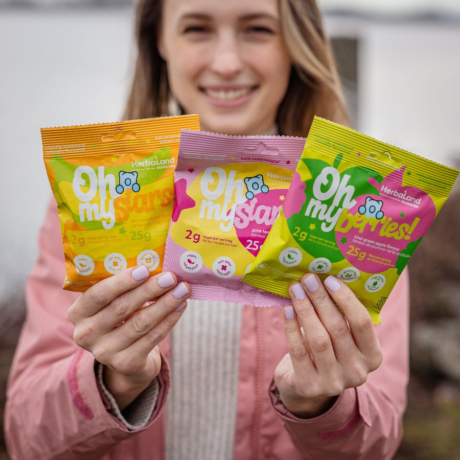 New pouches of Oh My! from Herbaland. Low sugar high fibre healthy snacks 