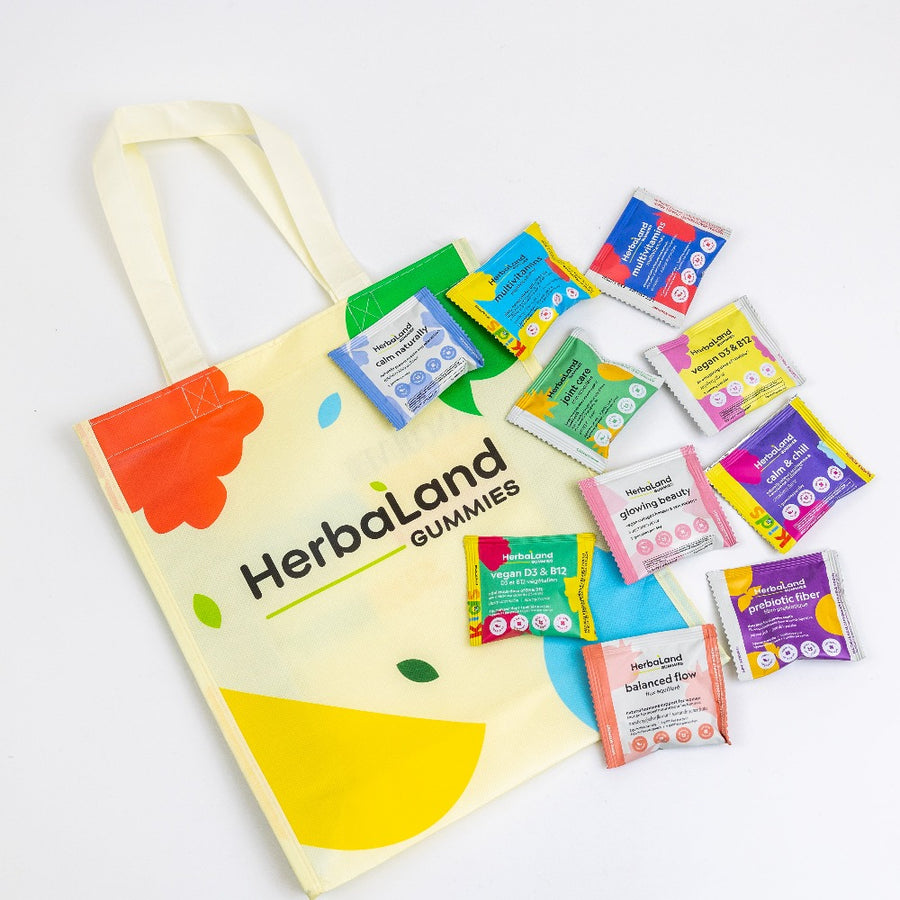 Herbaland gummy trial 10 pack. Treat yourself and your family to a delightful tasting experience while enjoying the health benefits of our vegan, sugar-free gummies!