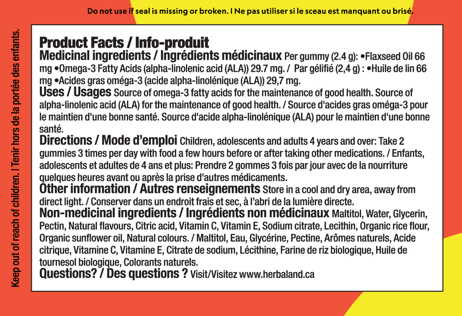 Product label with medicinal ingredients and usage instructions of Herbaland Omega-3