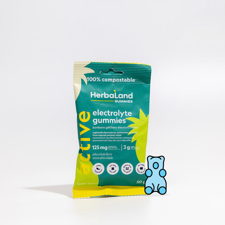 A pouch of herbaland's electrlyte gummies to replenish electrolytes in pina colada flavor