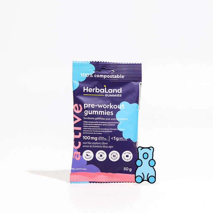 A pouch of herbaland pre-workout gummies to help to enhance physical energy to promote endurance and to enhance motor performance for adults with sour blue raspberry flavor
