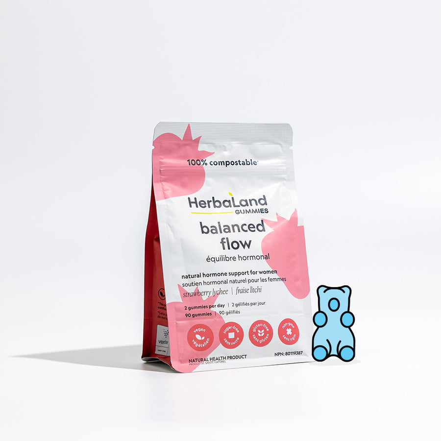Herbaland Vitamin gummies pouch of balanced flow for natural hormone support for women with strawberry lychee flavor