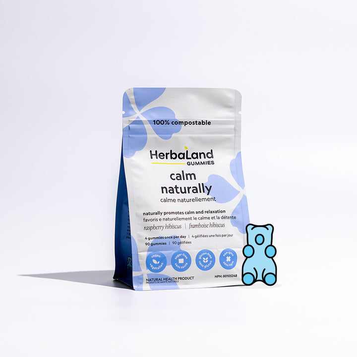 A vitamin gummies pouch of calm naturally to promote calm and relaxation for adults with raspberry hibiscus flavor