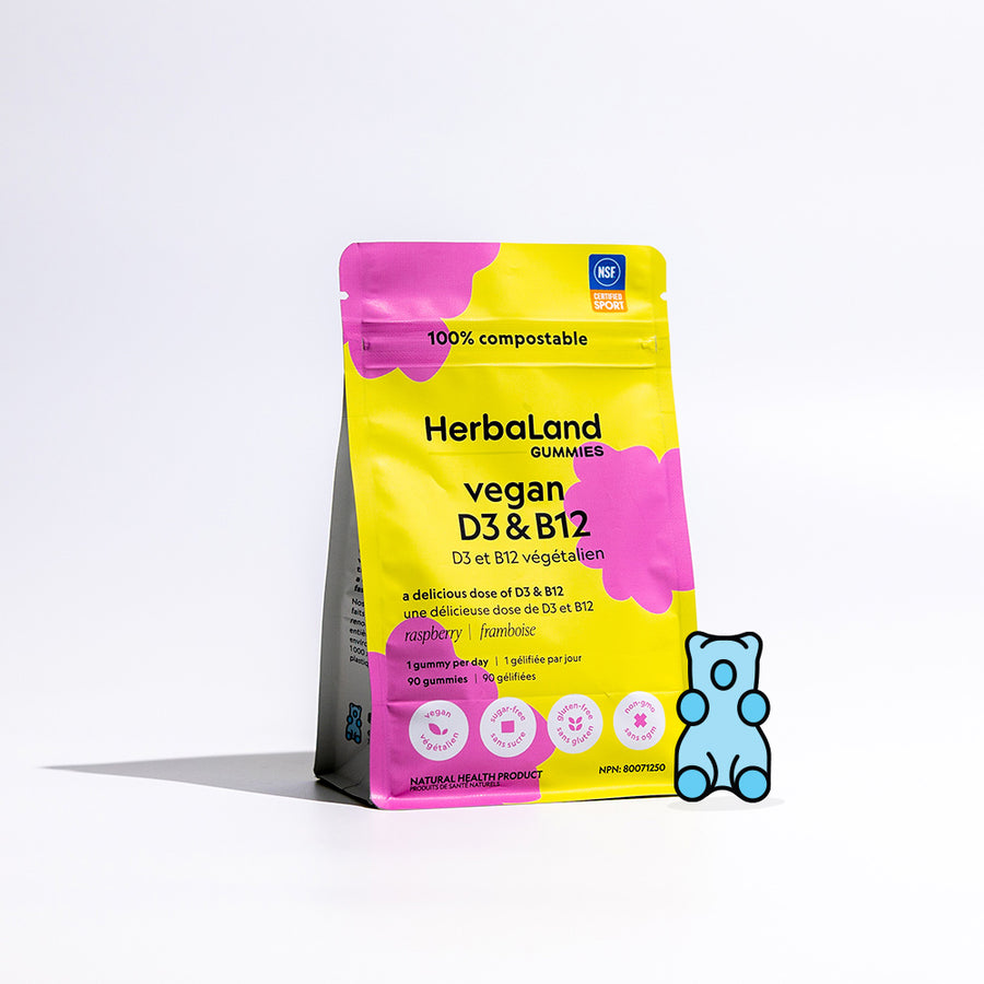 Herbaland vegan D3&B12 gummies for a delicious dose of D3 and B12 for adults with raspberry flavor