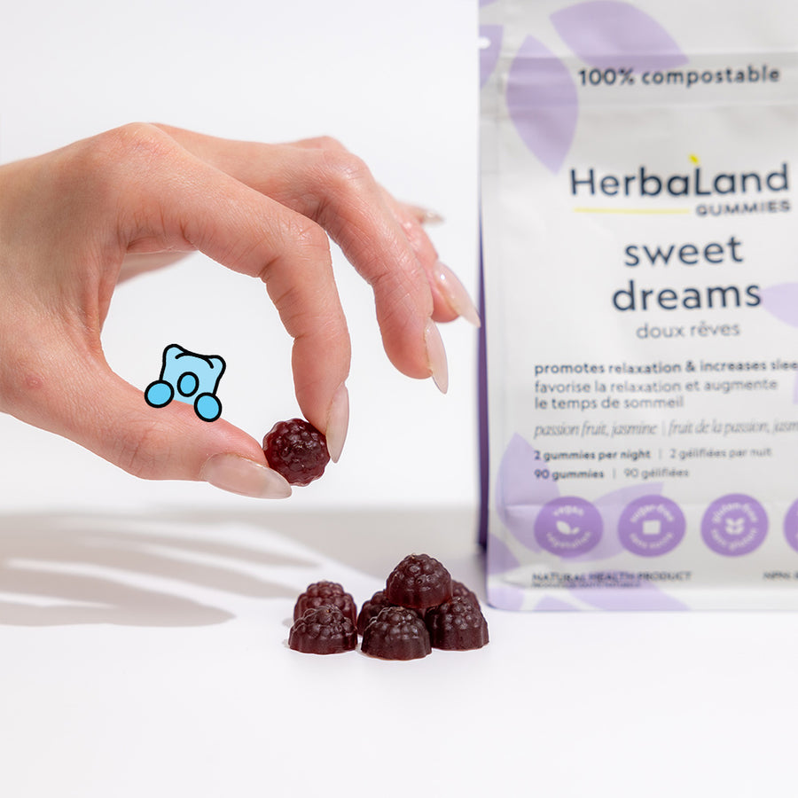 Person holding herbaland gummies with a pouch of sweet dreams gummies that promotes relaxation with passion fruit flavor for adults