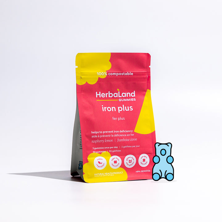 Vitamin gummies pouch of iron plus to help to prevent iron deficiency for adults with raspberry lemon flavor