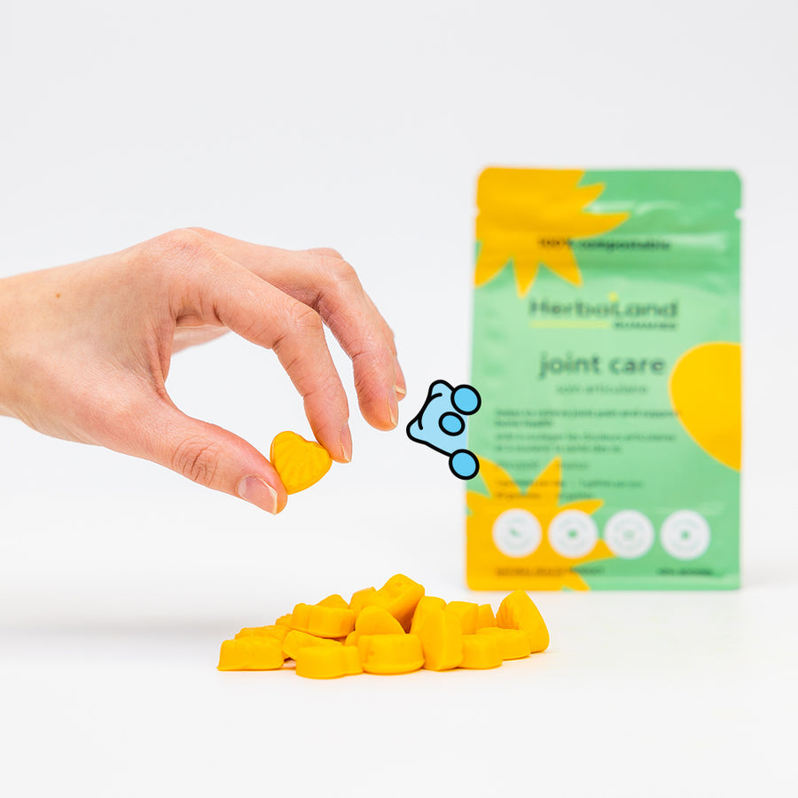 A picture of herbaland gummies with a pouch of joint care gummies to support bone health with pineapple flavor in the back