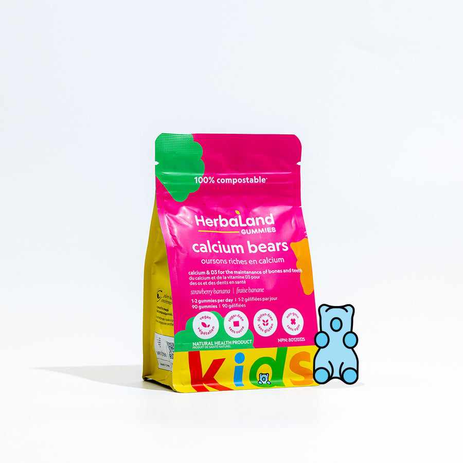 A vitamin gummies pouch of calcium bears for maintenance of bones and teeth for kids with strawberry banana flavor
