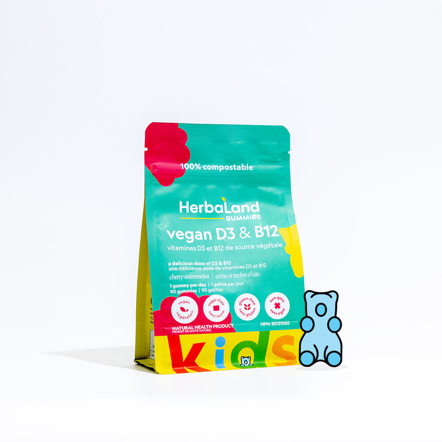 Herbaland vitamin gummies pouch of vegan D3 and B12 to aid in forming red blood cells and improve your immunity for kids