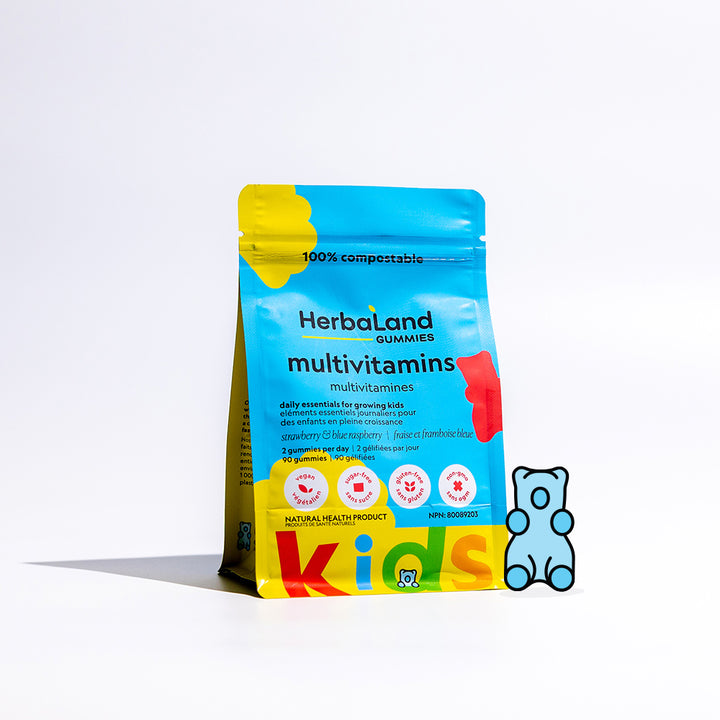 Pouch of herbaland gummies of multivitamins gummies for kids to keep help get daily essentials for growing kids with strawberry and blue raspberry flavor