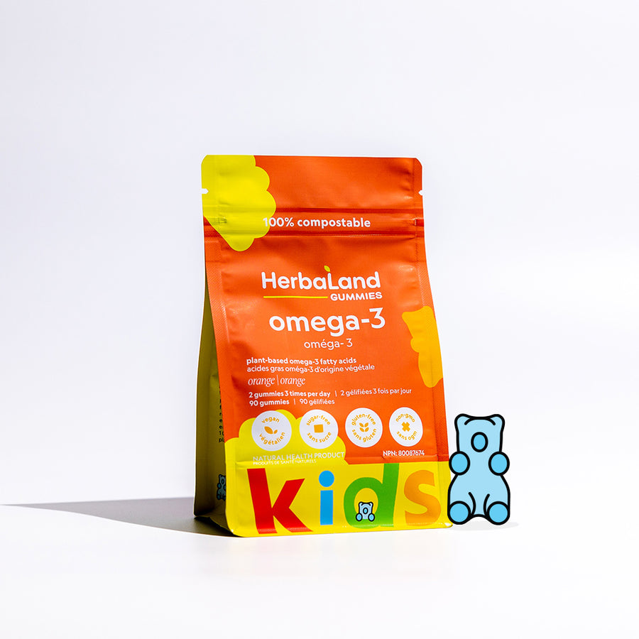 A pouch of herbaland gummies of omega-3 for plant based omega-3 fatty acids for kids, with orange flavor