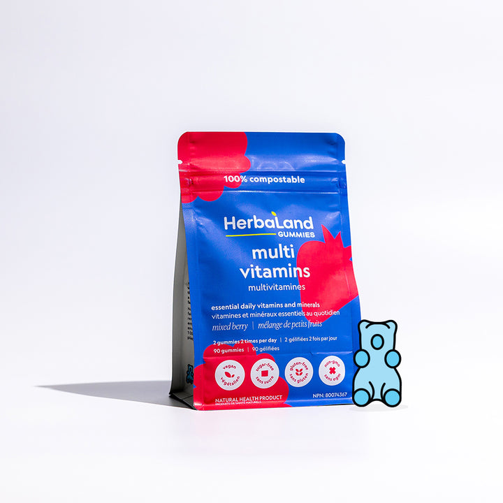 Herbaland gummies multivitamins to help to get essential daily vitamins and minerals with mixed berry flavor