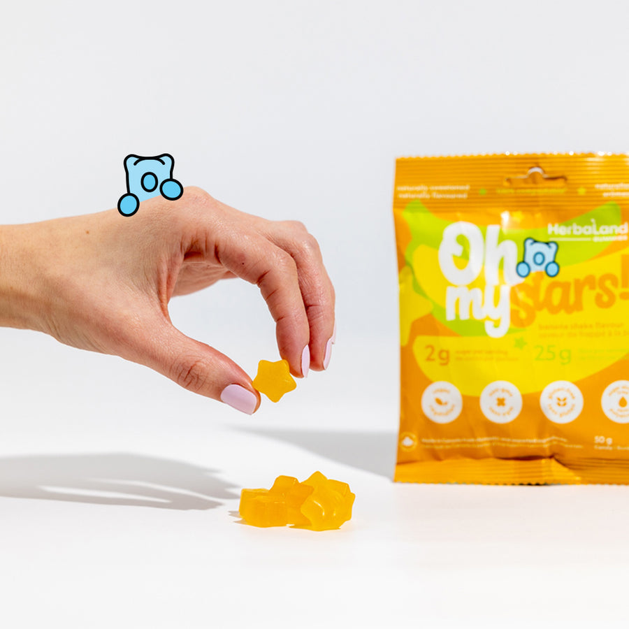 Herbaland Gummies - A close up of gummies with oh my low sugar high fibre candies in banana shake flavor