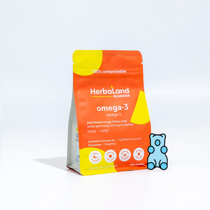 Omega 3 pouch of herbaland gummies for adults to help to get plant-based omega-3 fatty acids with orange flavor