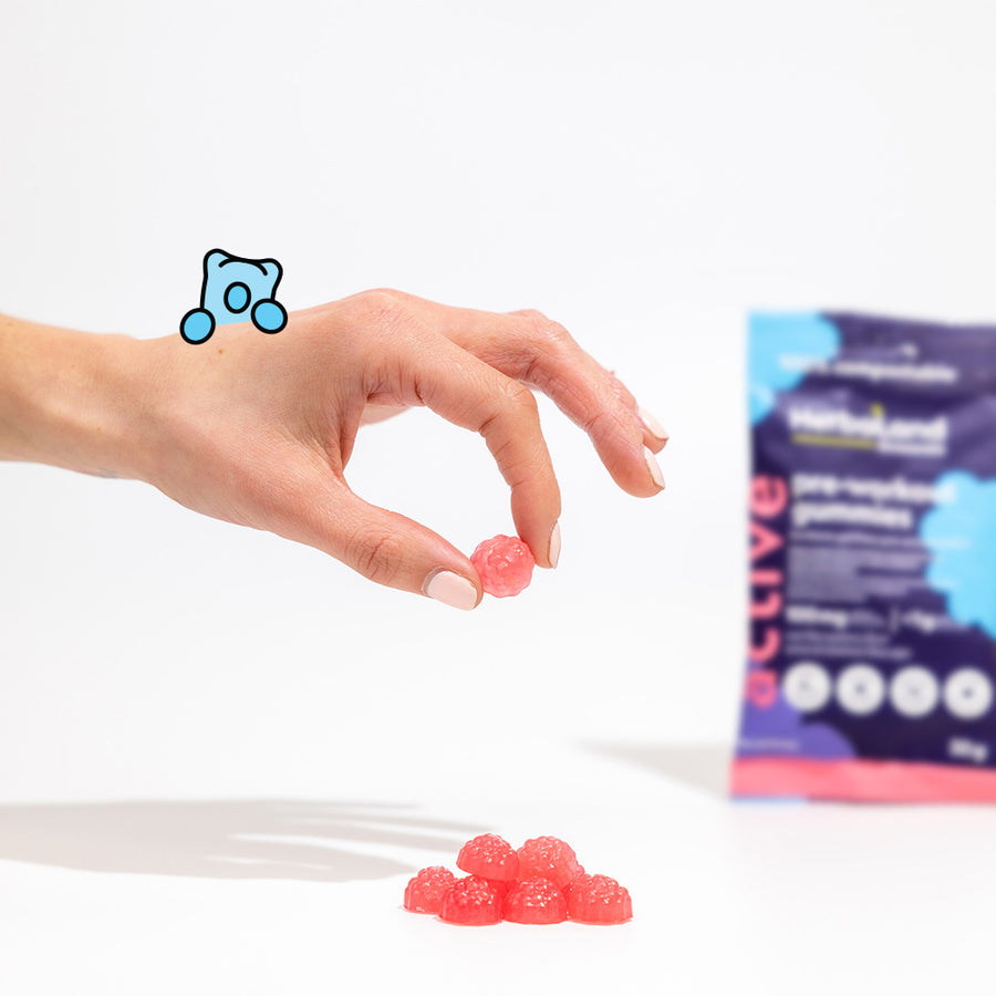 A person holding herbaland vitamin gummies with pre-workout pouch for adults with sour blue raspberry flavor in the back