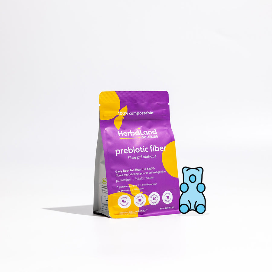 Herbaland gummies prebiotic fiber pouch to help you get your daily fiber for adults with passion fruit flavor