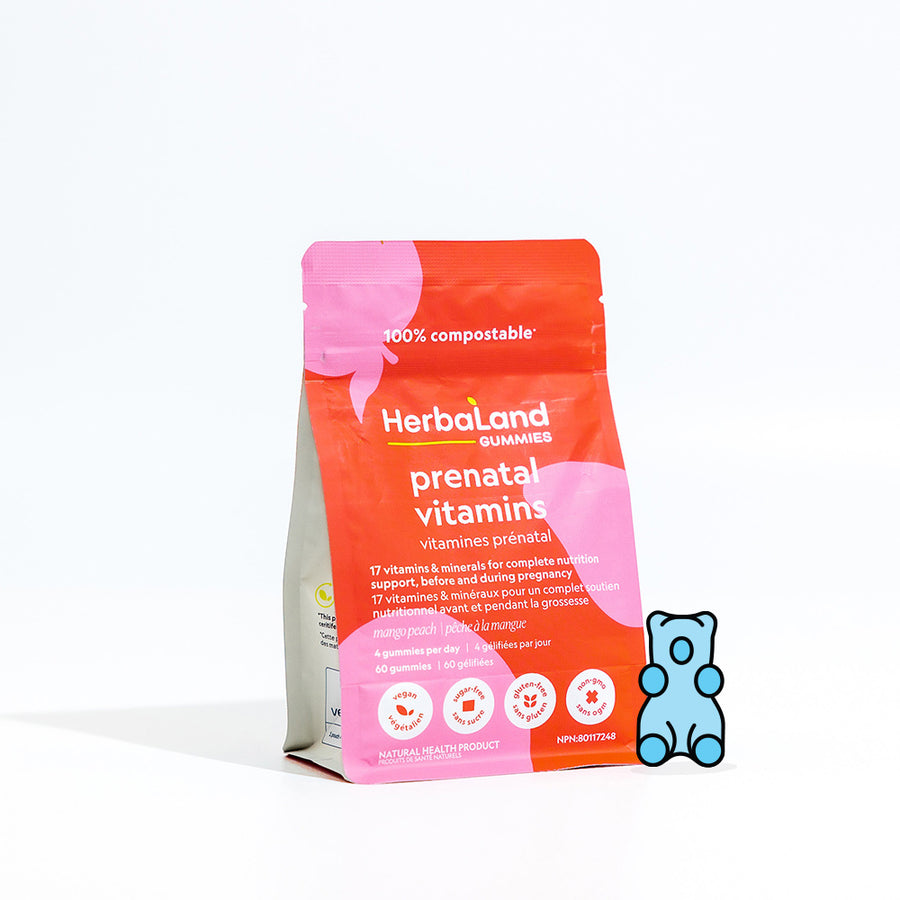 A pouch of herbaland prenatal vitamin gummies which includes 17 different vitamins & minerals for complete nutrition support before and during pregnancy for women with mango peach flavor