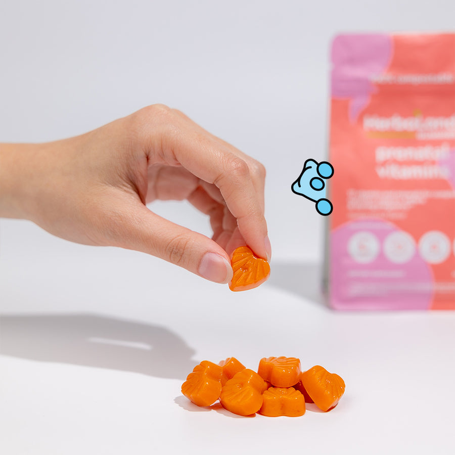 Person holding herbaland gummies with prenetal vitamins for women with mango peach flavor at the back