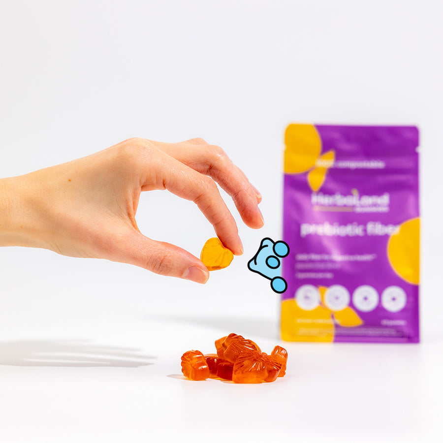 Person holding herbaland gummies with prebiotic fiber for adults with passion fruit flavor at the back