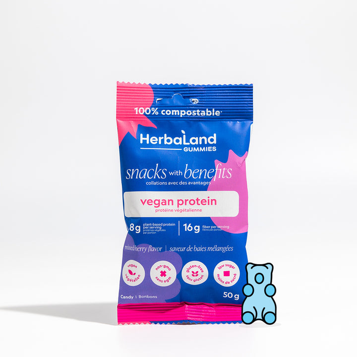 A pouch of herbaland snacks with benefits vegan protein with mixed berry flavor