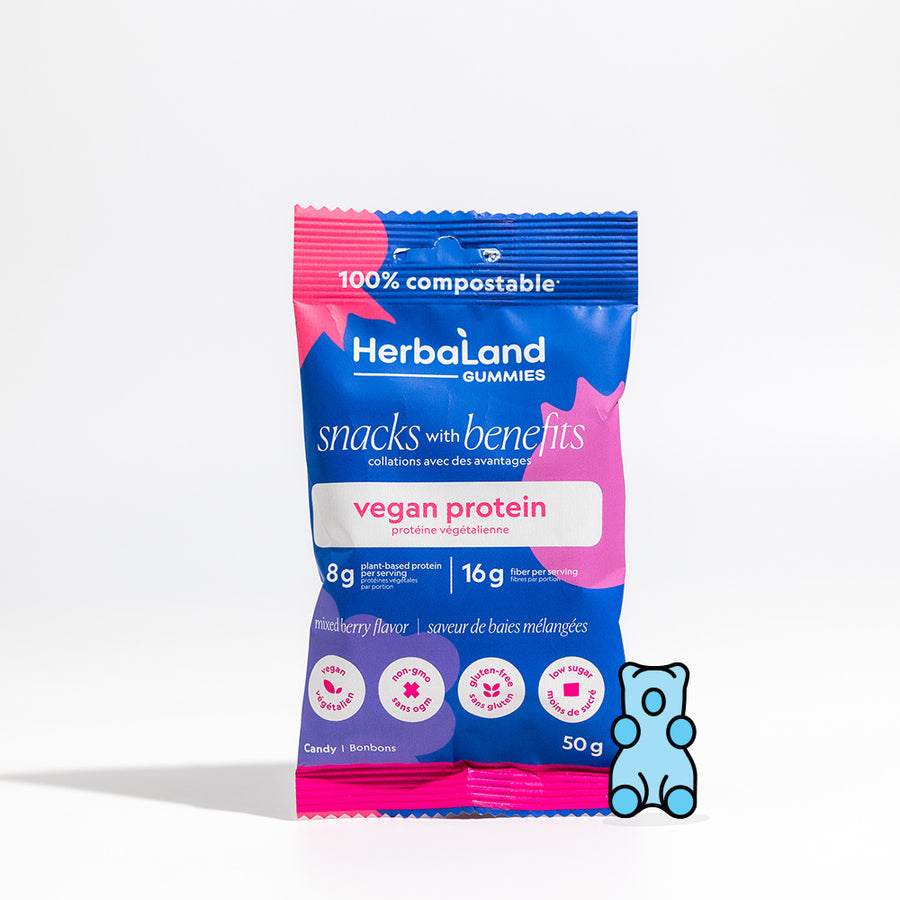 Herbaland Gummies - A pouch of herbaland snacks with benefits vegan protein with mixed berry flavor