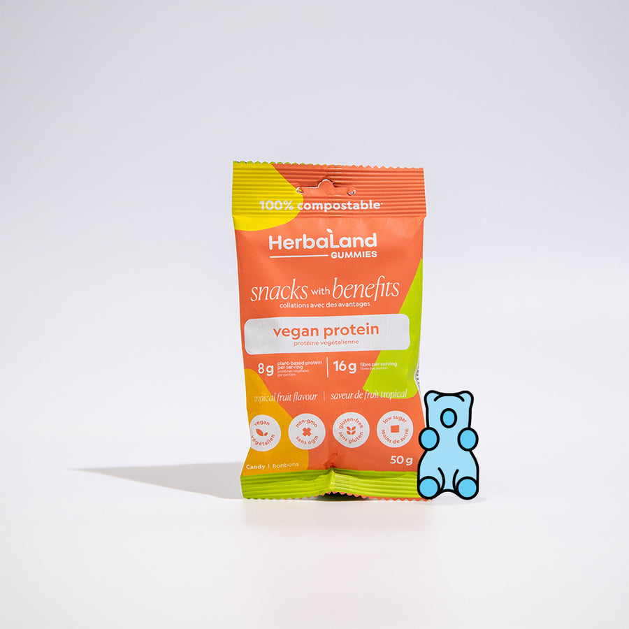 Pouch of herbaland vegan protein snacks with benefits with 8g of plant based protein per serving with tropical fruit flavor