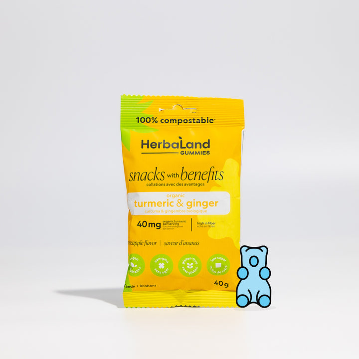 A pouch of herbaland snacks with benefits gummies with 40mg of organic turmeric per serving with pineapple flavor