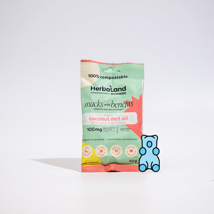 Herbaland snacks with benefits pouch with organic coconut mct oil with strawberry coconut flavour