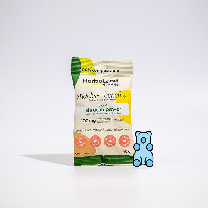 Herbaland snacks with benefits gummies with organic shroom power includes 100mg of organic mushroom blend per serving with lemon black tea flavour