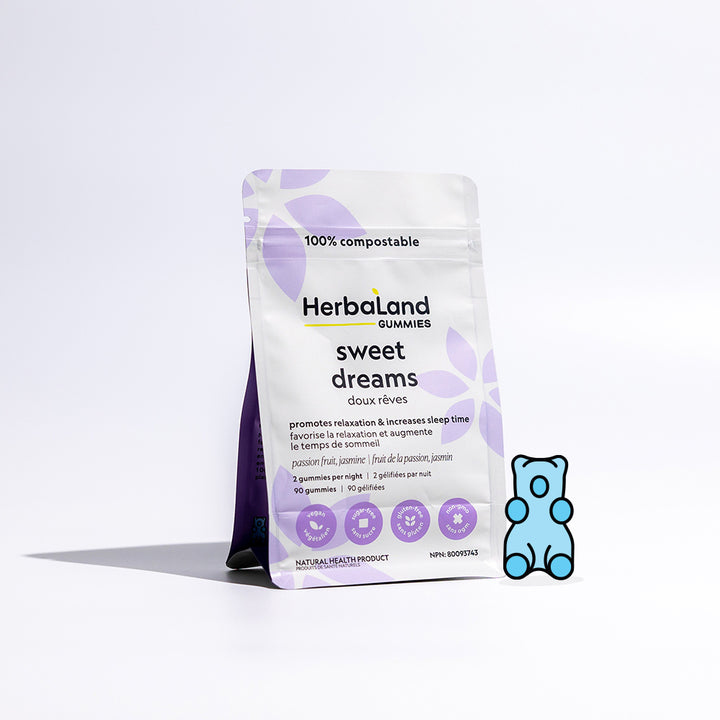 A pouch of herbaland sweet dreams gummies that promotes relaxation and increases sleep time for adults with passion fruit and jasmine flavor