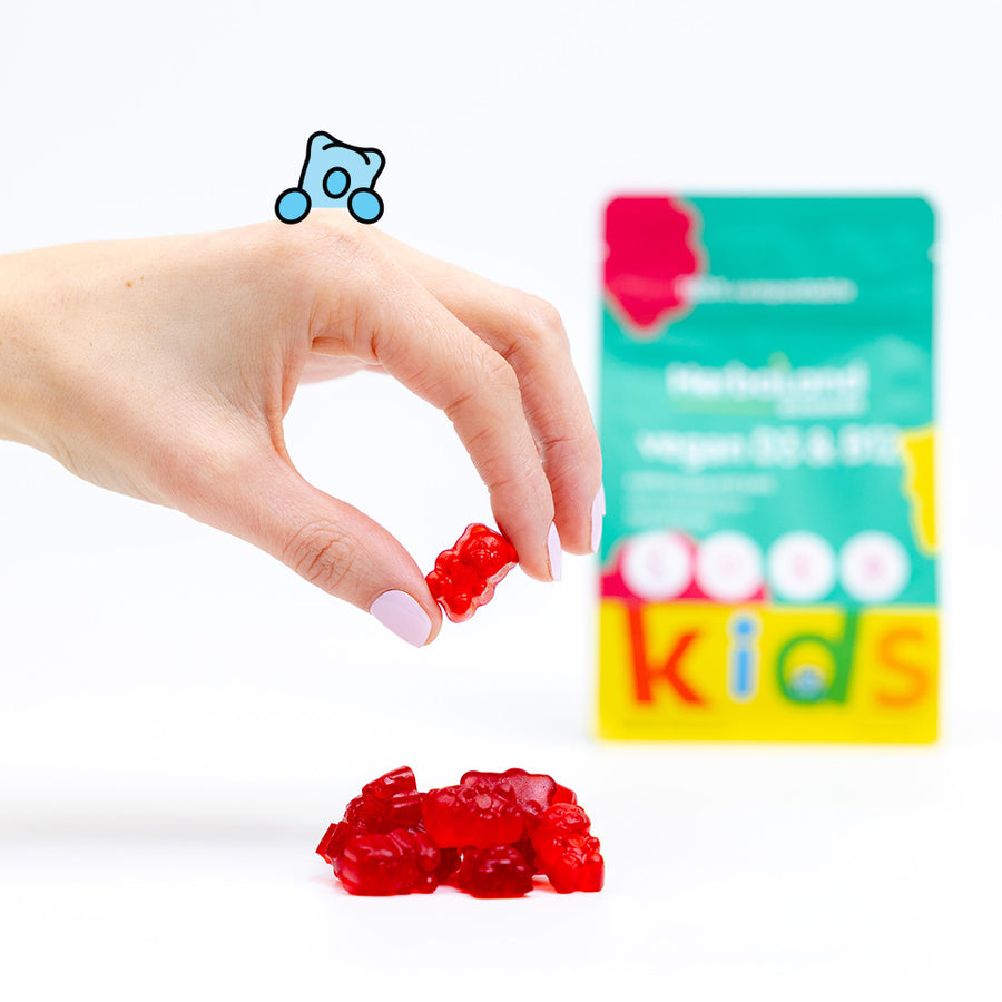 Herbaland vitamin gummies pouch of vegan D3 and B12 to aid in forming red blood cells and improve your immunity for kids