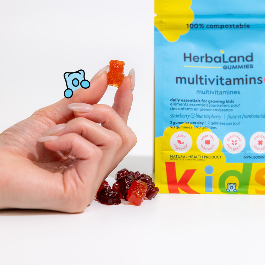 Person holding herbaland gummy bear with a pouch of herbaland gummies multivitamins to help get daily essentials for growing kids with strawberry and blue raspberry flavor