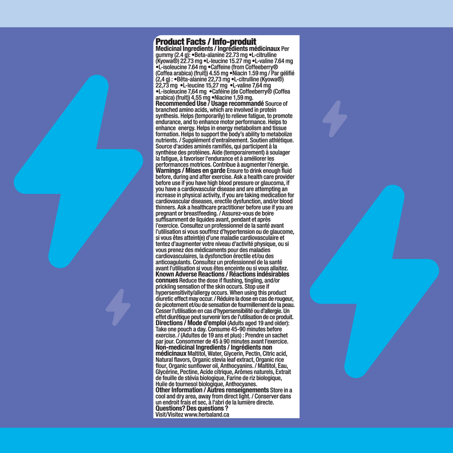 Product facts label of Herbaland Pre-workout with blue arrows on a blue background