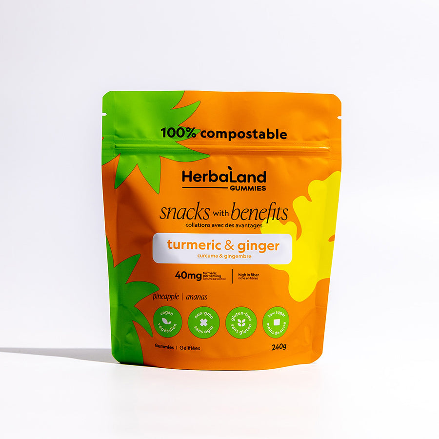 A big pouch of herbaland snacks with benefits with organic turmeric and ginger gummies with pineapple flavor