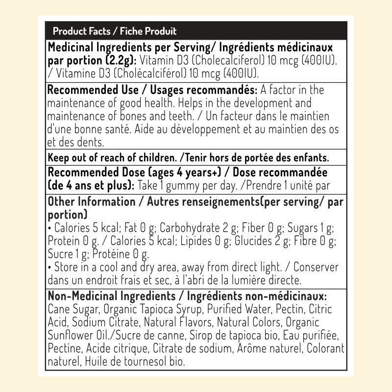 Herbaland Vitamin D3 Classic Gummies for Kids Nutrition facts
