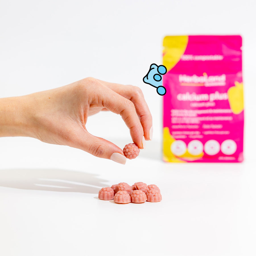 Herbaland gummies picture of calcium plus gummies with strawberry banana flavor for adults