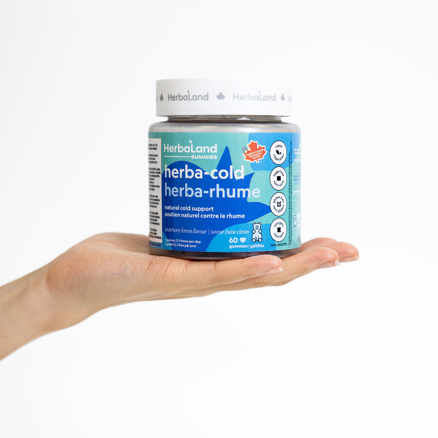 Herbaland herbacold supplement bottle on a white background