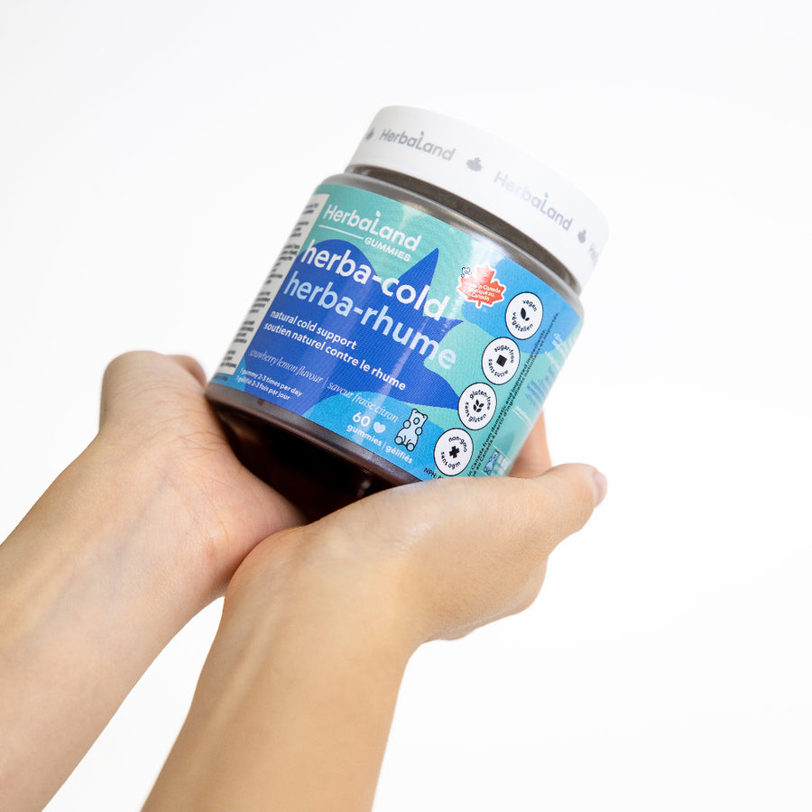 Herbaland herbacold supplement bottle on a white background