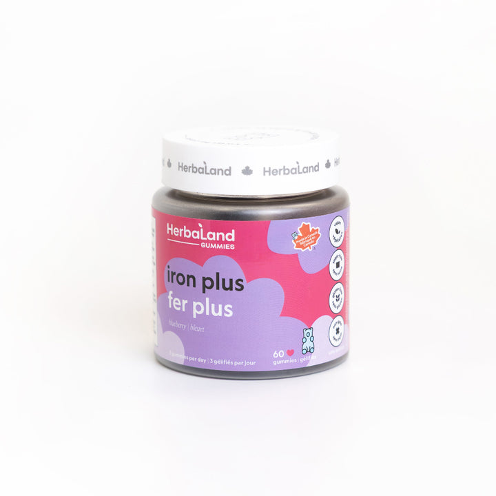 Herbaland iron plus supplement bottle on a white background