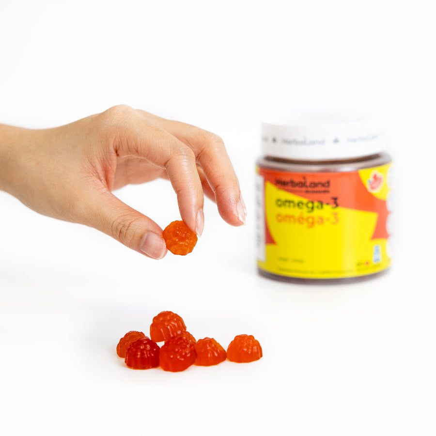 Herbaland omega-3 gummies bottle on a white background