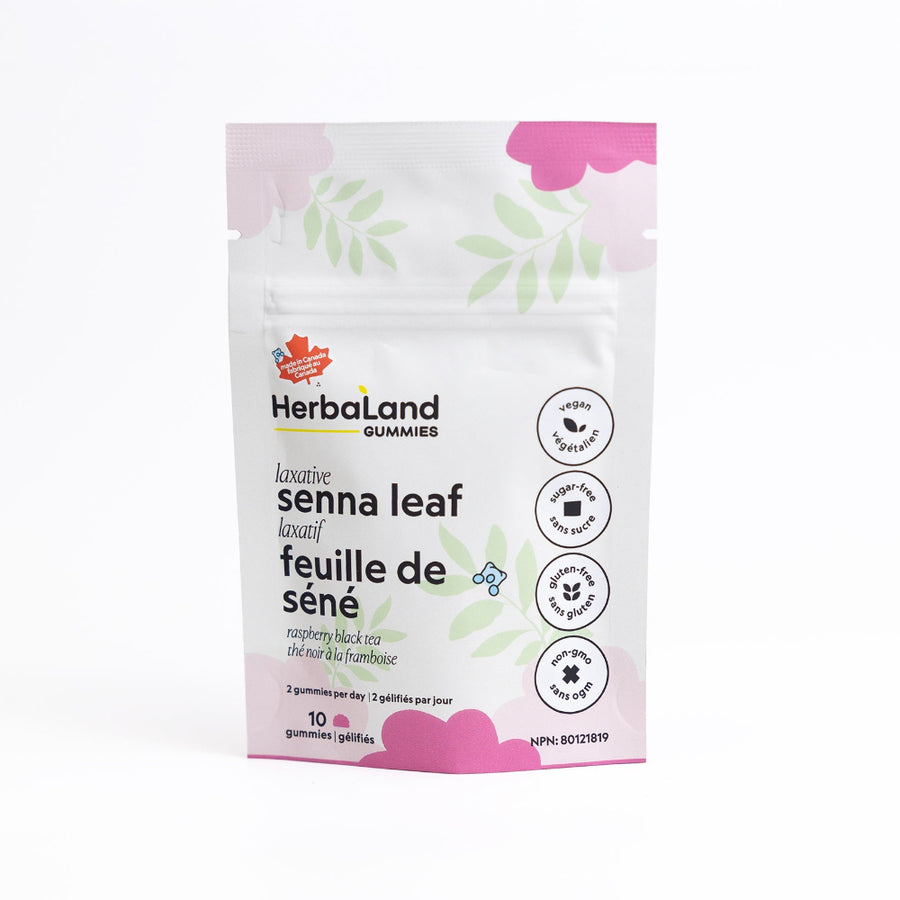 Herbaland Gummies travel package with senna leaf in raspberry black tea flavor 